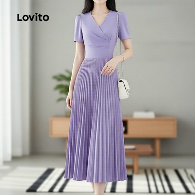 Lovito thanh lịch Đầm nữ tím xuân hè nhẹ nhàng chất vải mềm khóa kéo xếp ly tinh tế L137ED032