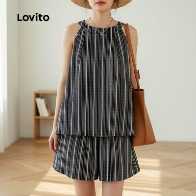 Lovito Phong cách thường ngày Set short nữ phối ren họa tiết sọc phong cách hàng ngày LNM68124(Nhiều màu)