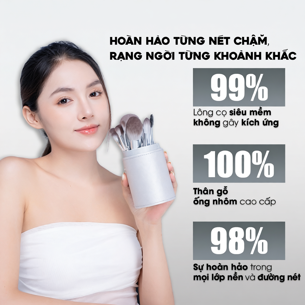 Bộ cọ trang điểm cá nhân GUVIET set 14 cây màu xám bạc có bao da (cốc)