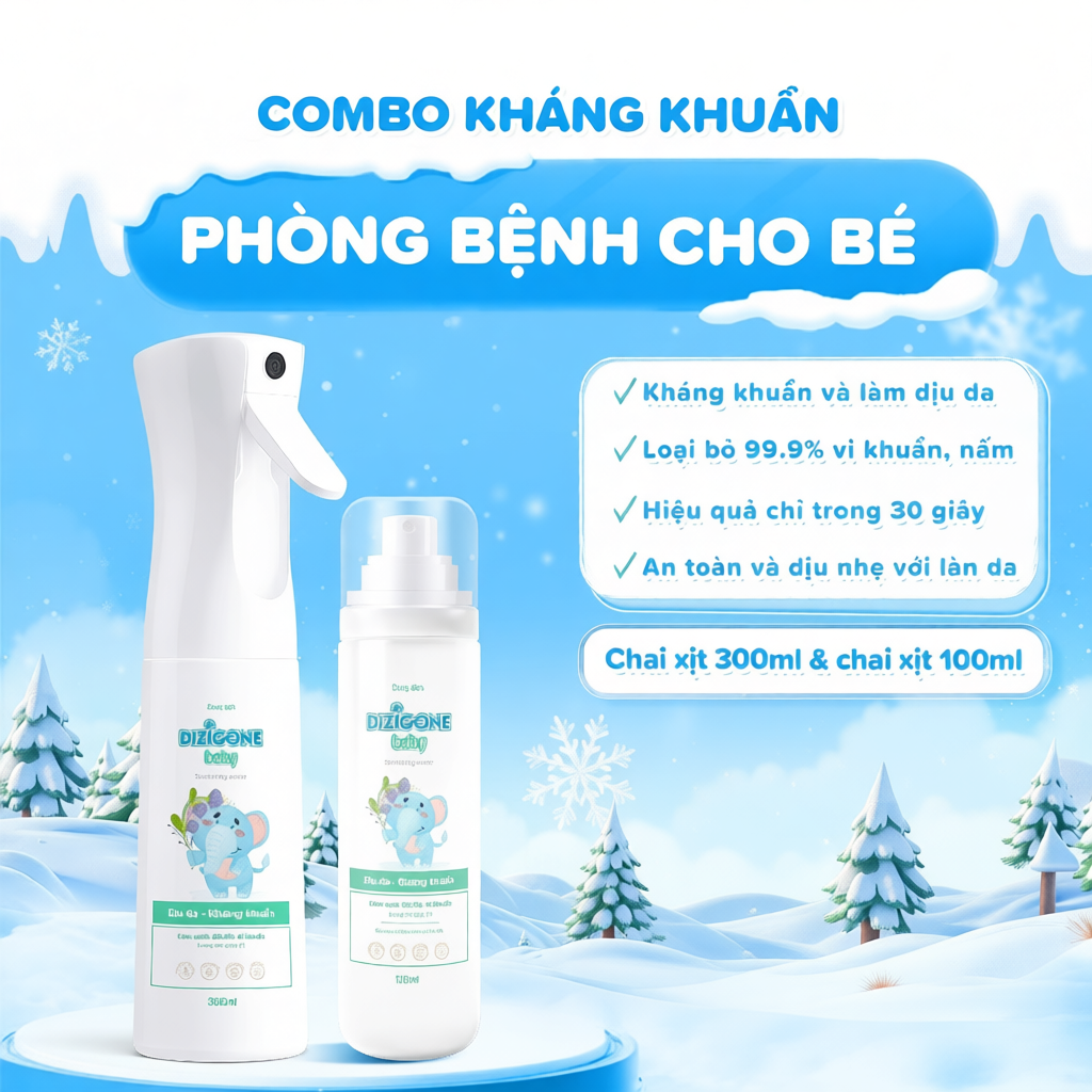 [COMBO] Xịt kháng khuẩn DIZIGONE Baby 100ml & 300ml: Xịt tay chân, đồ dùng cho bé