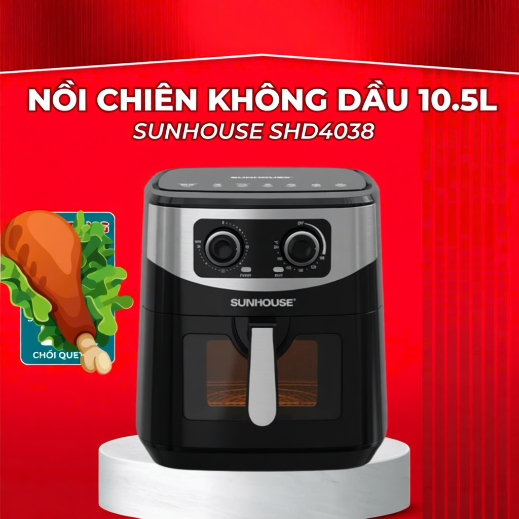Nồi chiên không dầu SUNHOUSE SHD4038 10.5L với công nghệ Rapid Air 360°