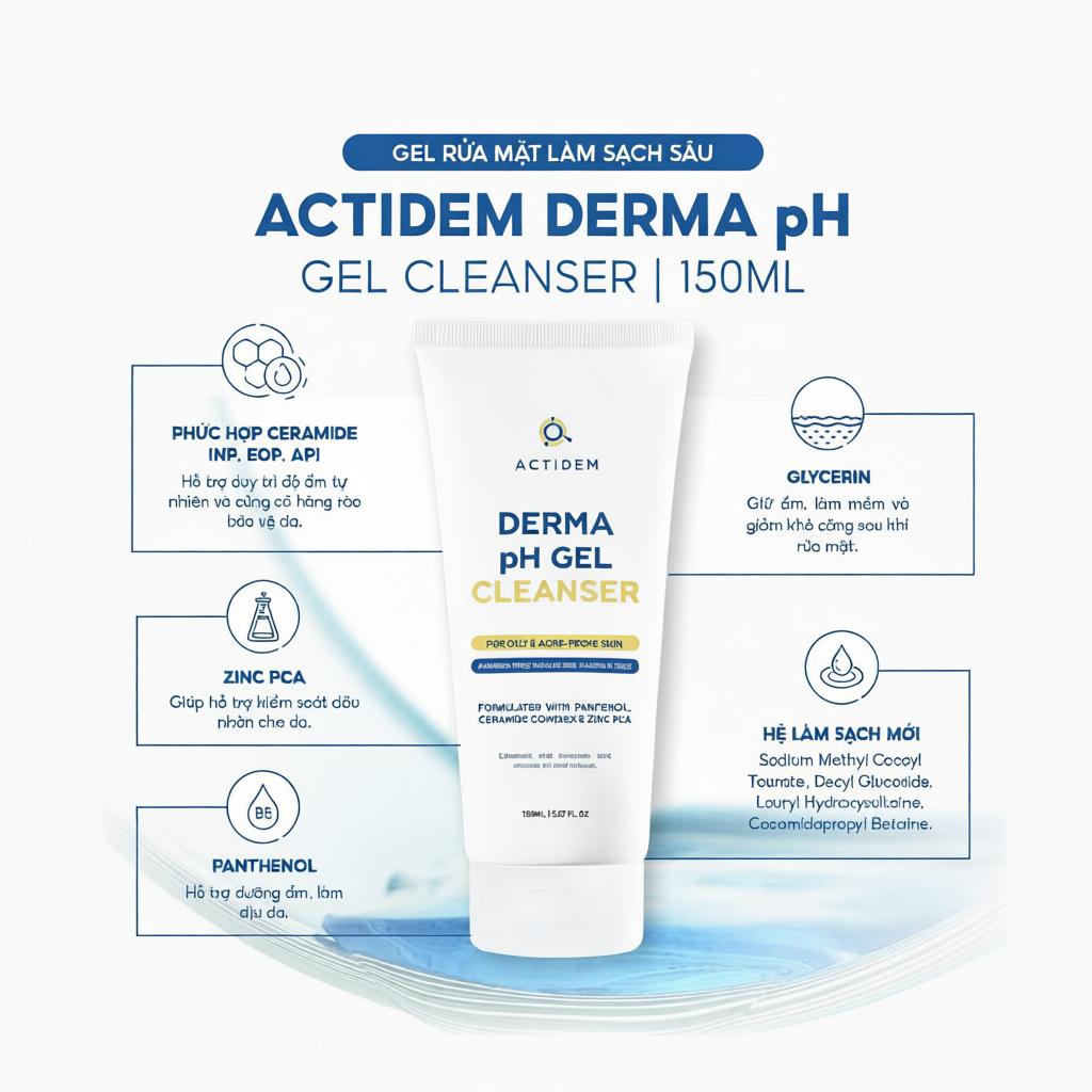 GEL RỬA MẶT ACTIDEM TRẮNG HỒNG XANH DERMA/SENSITIVE/PURIFYING