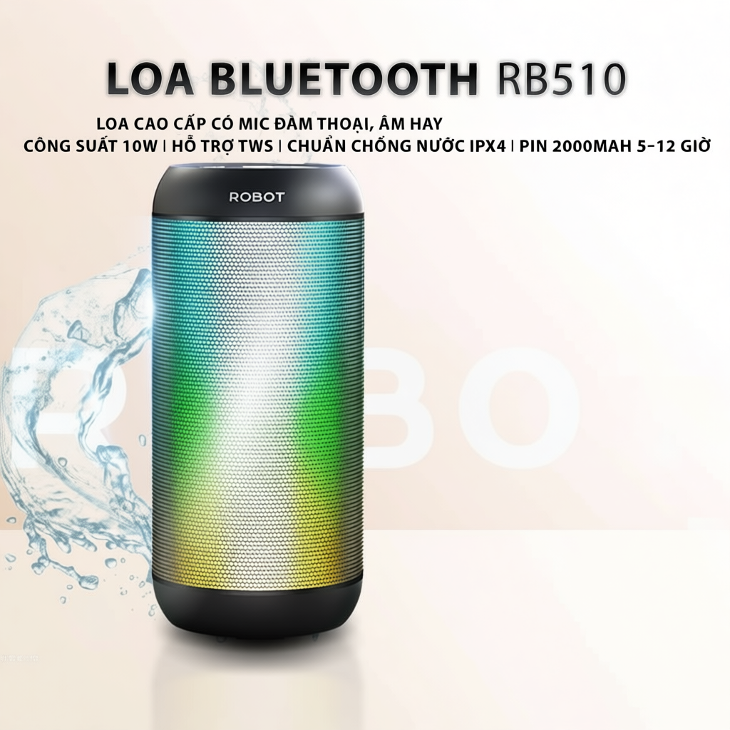 Loa Bluetooth ROBOT RB510 Bass Lớn Công Suất 10W Đèn Led RGB Chống Nước - Hỗ trợ Kết Nối Thẻ Nhớ/USB