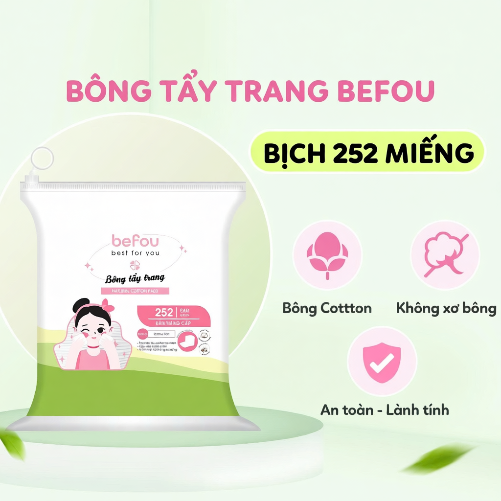 Bông Tẩy Trang Cotton Befou 252 Miếng Vuông
