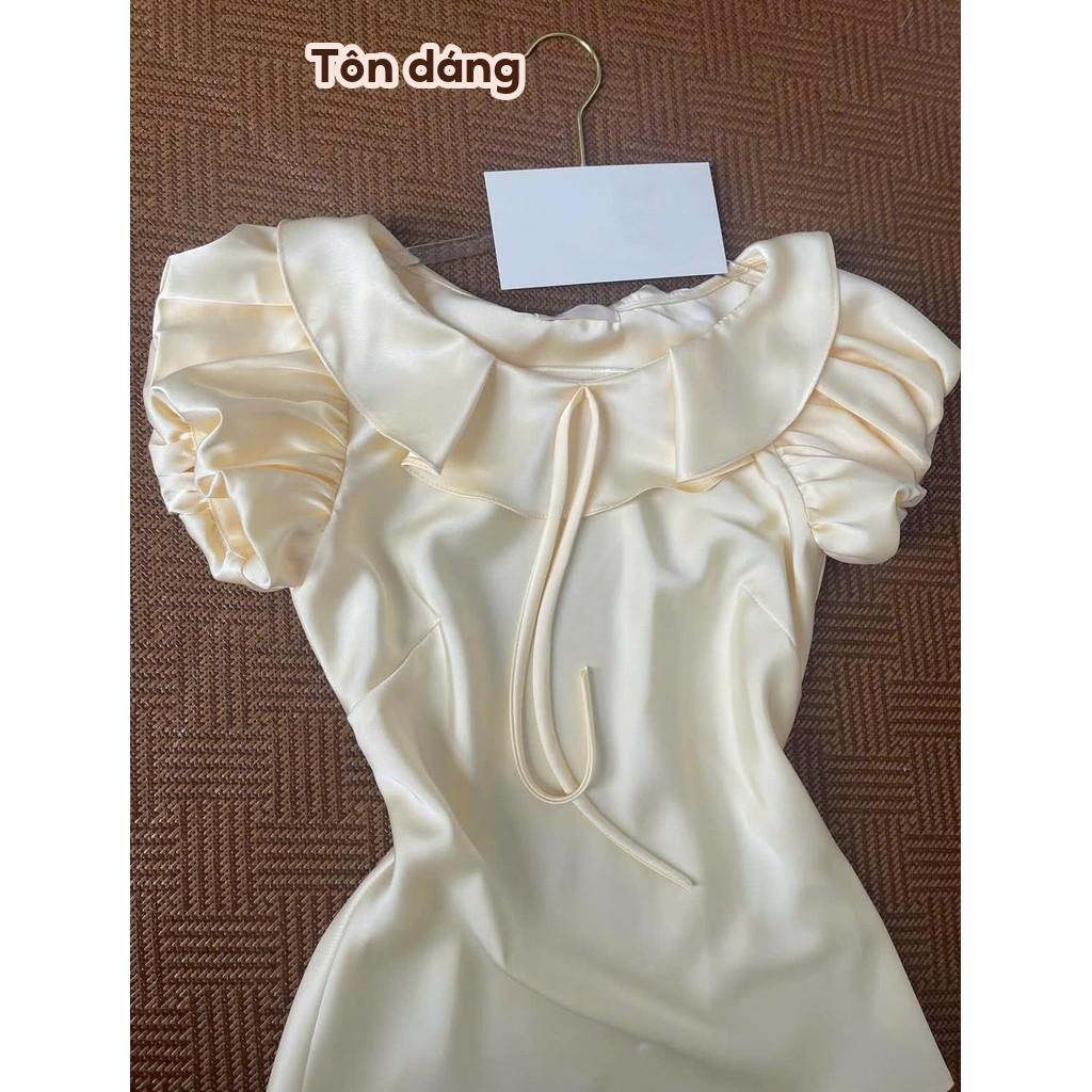 Đầm Lụa Dự Tiệc Tiểu Thư Thiết Kế Cổ Bèo Xếp Tầng Phối Nơ NV819 Váy Lụa Thanh Lịch Sang Trọng