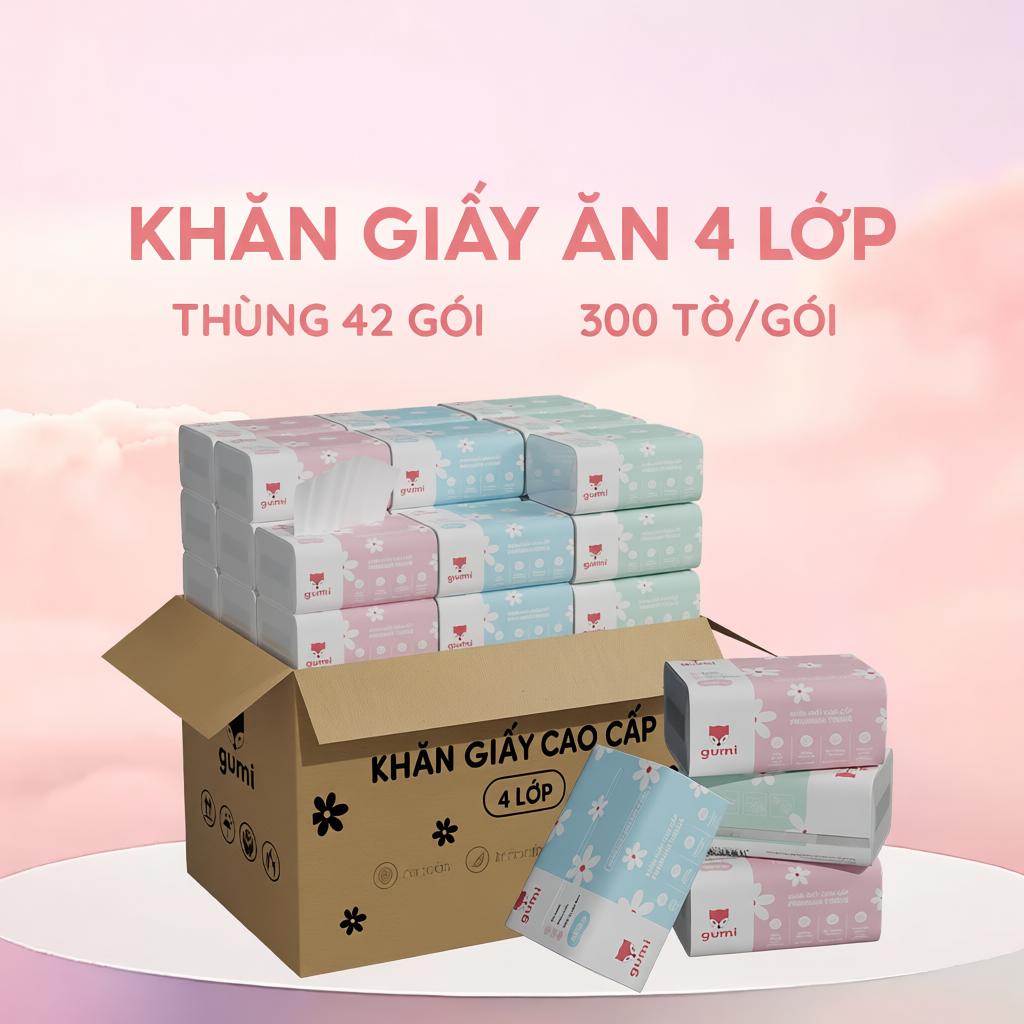 Thùng 42 gói giấy ăn cao cấp Gumi 3 lớp / 4 lớp mềm mịn, tiện lợi