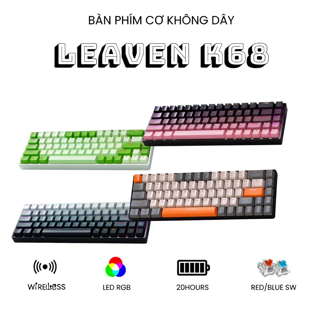 Bàn phím cơ Bluetooth Không dây Leaven K68 - Led RGB - Có hot-swap - Keycap Xuyên LED - APP điều chỉ