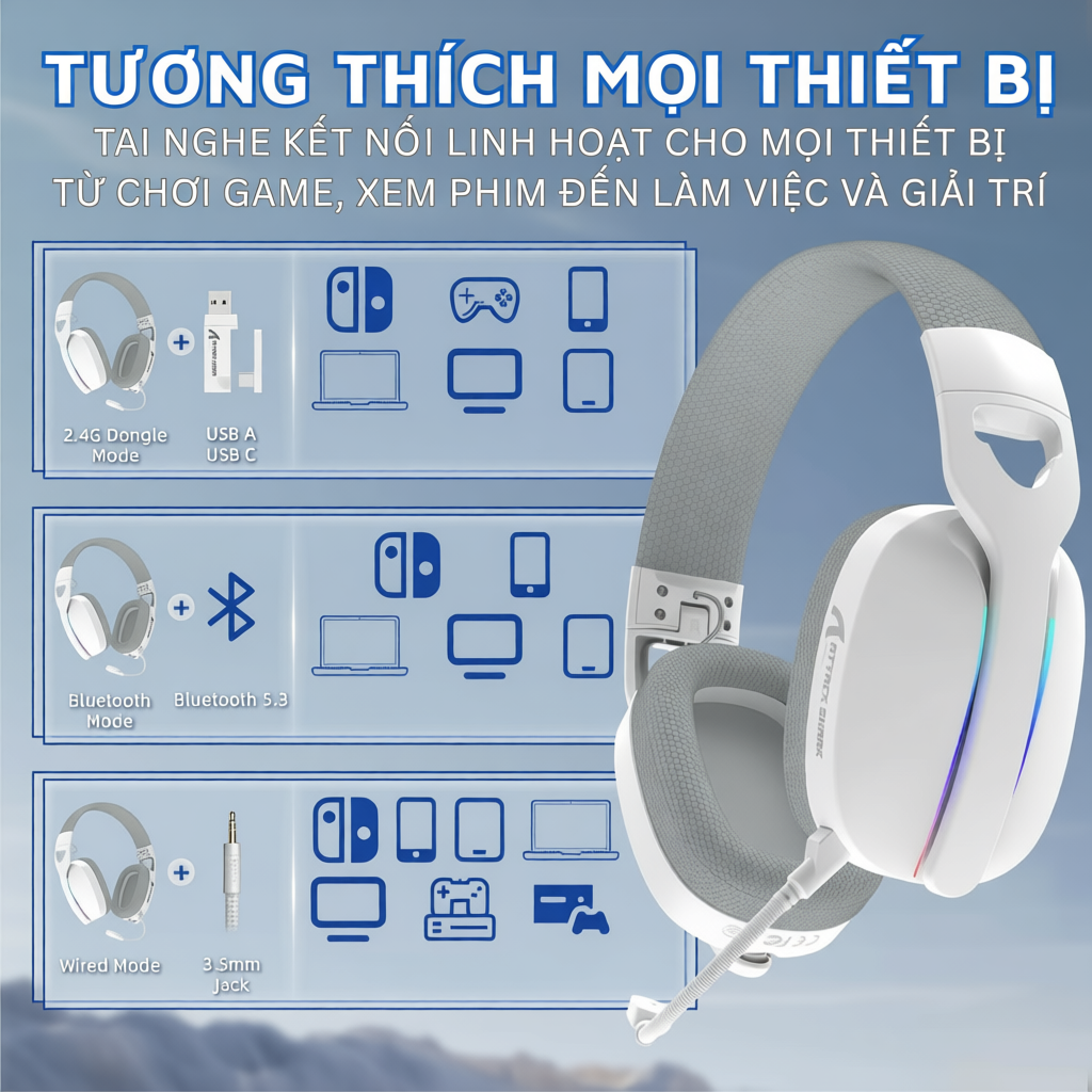 Tai Nghe Gaming Chụp Tai Không Dây Attack Shark L90 LED RGB Micro, Bluetooth 5.3, App Macro, Pin Sạc