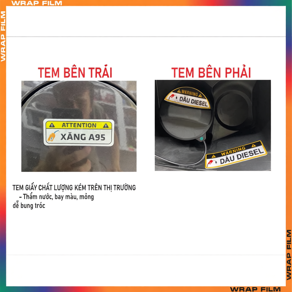 Tem dán nắp bình xăng, cảnh báo đổ xăng A95 hoặc dầu Diesel cho xe ôtô