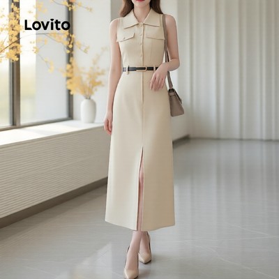 Đầm kaki nhạt Lovito thanh lịch dáng suông giả túi phong cách công sở phù hợp mùa xuân/hè L184ED865