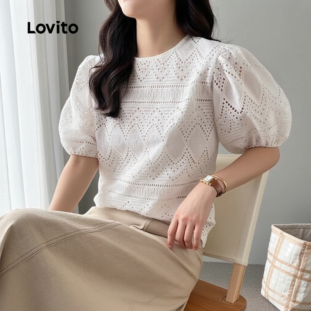 Lovito Áo sơ mi nữ tay phồng dáng đơn giản màu trơn LNE21200 (Trắng)