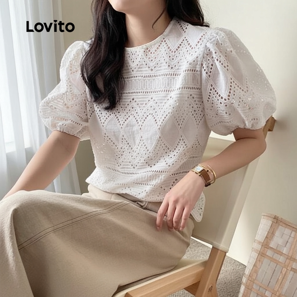 Lovito Áo sơ mi nữ tay phồng dáng đơn giản màu trơn LNE21200 (Trắng)