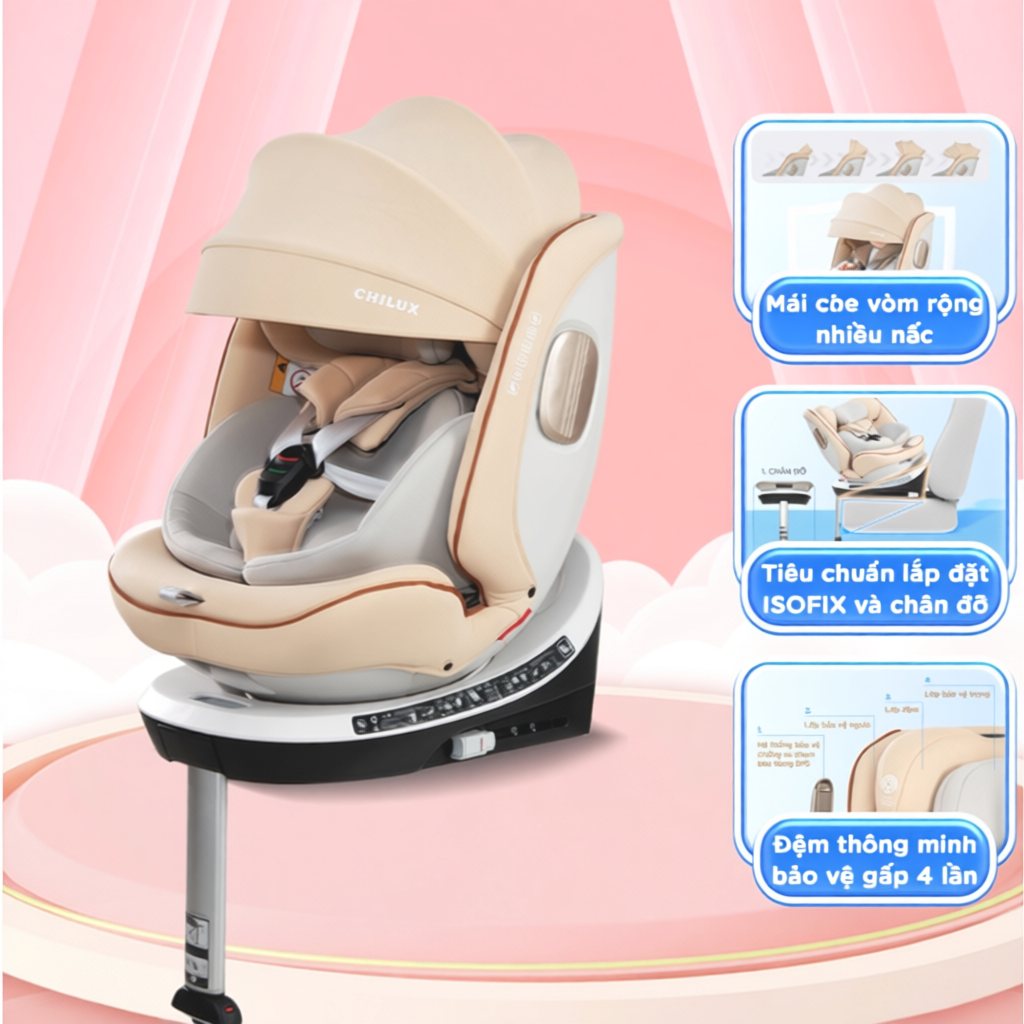 Ghế ngồi ô tô cho bé CHILUX X86 - Ghế xoay 360, mái che vòm rộng nhiều nấc, chân đỡ chống lật
