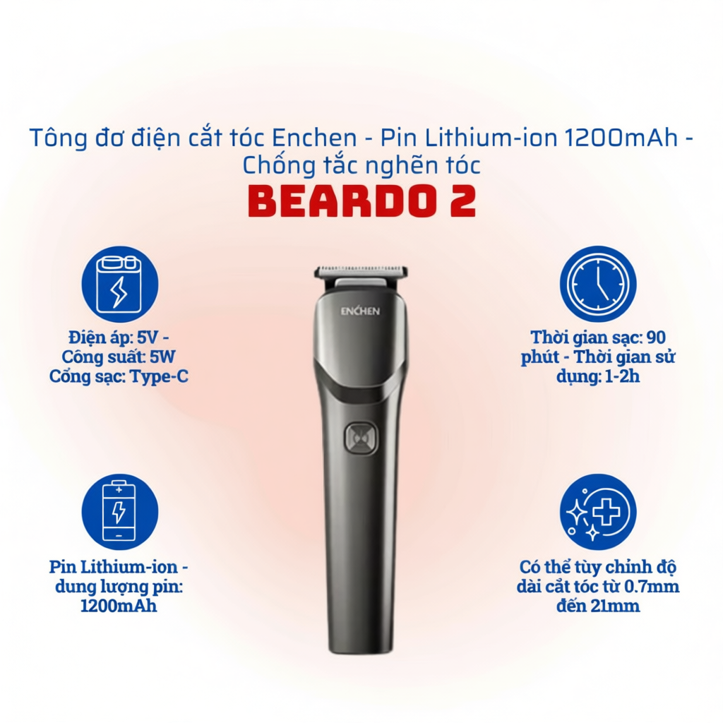 Tông đơ cắt tóc Enchen Beardo 2 - Pin 1200mAh - Hàng chính hãng
