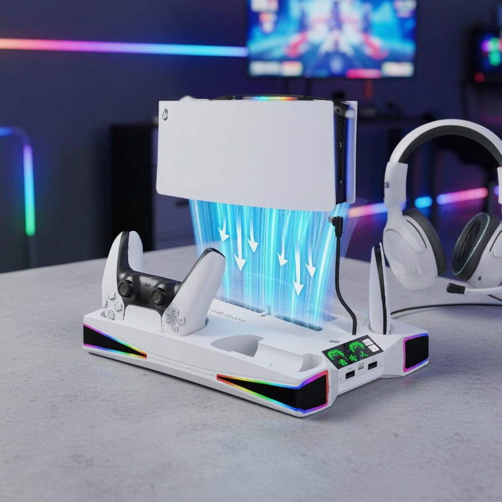 BEBONCOOL Đế Tản Nhiệt Dọc PS5 Cho PS5 & PS5 Slim Phiên Bản Số/Đĩa, Đế Sạc Nhanh Đôi Cho Tay Cầm PS5