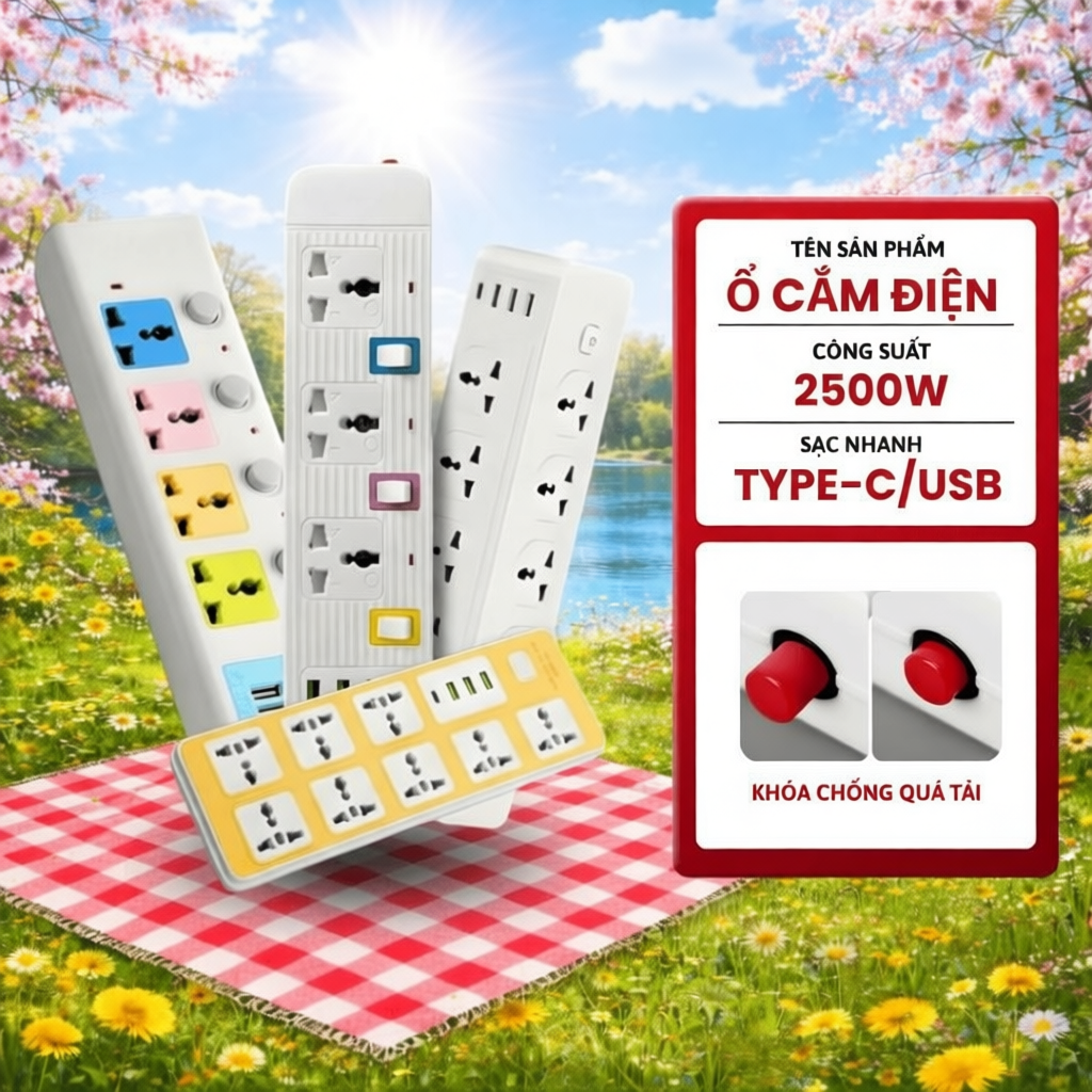 Ổ Cắm Điện Đa Năng METIS Chịu Tải 2500W Dài 1.8-4m Cổng USB Có Chốt Bấm Chống Giật An Toàn