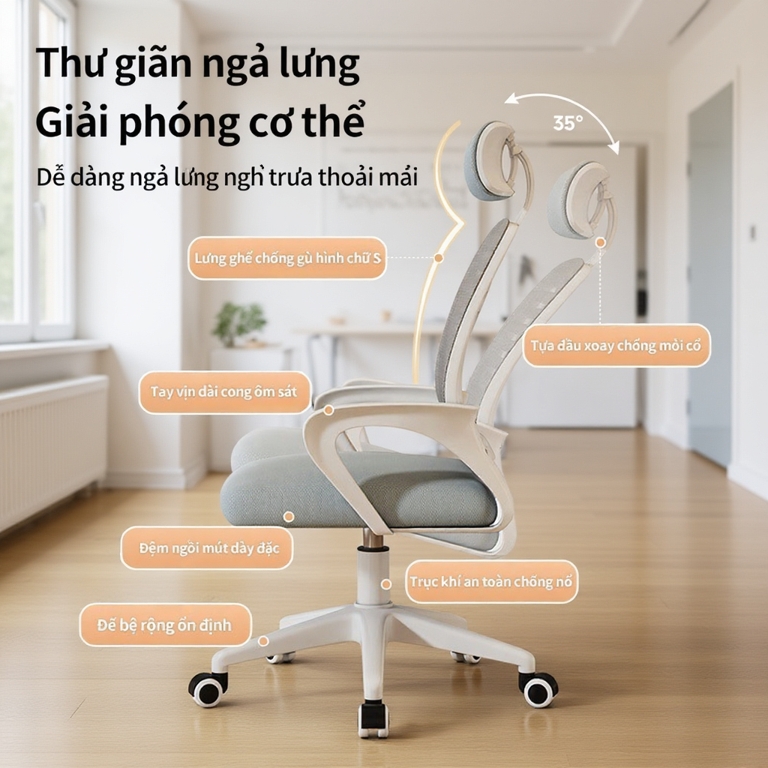 Ghế Xoay Văn Phòng Tựa Đầu, Ghế Văn Phòng Chân Xoay Lưng xương cá, ngả lưng gật gù, thư giãn êm ái -