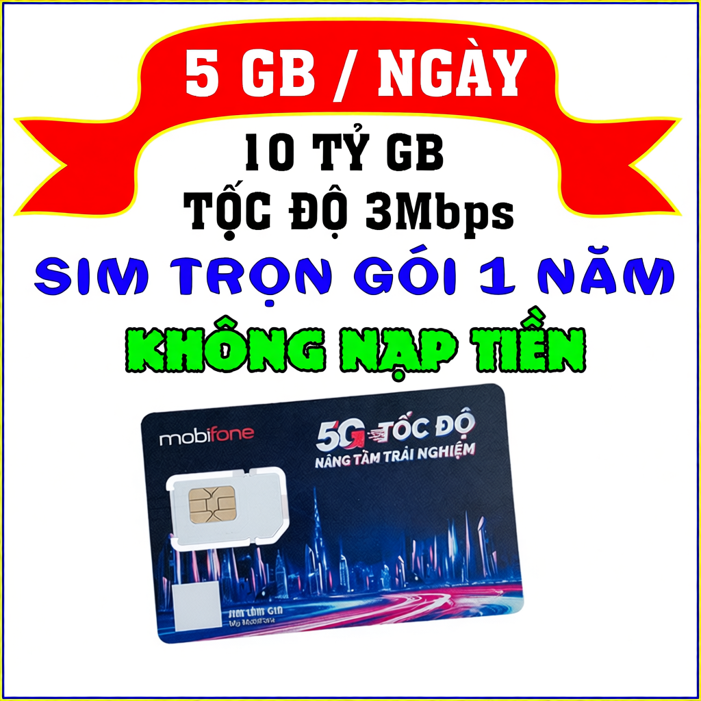 Sim 4G Mobifone 5GB 1 Ngày (Có eSIM) - Trọn gói 12 Tháng KHÔNG NẠP TIỀN (12MDT50 12FD50)