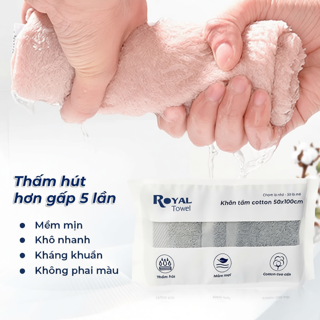 Khăn Gội Royal Towel 35x80cm 100% Cotton Mềm Mại, Thấm Hút, Kháng Khuẩn
