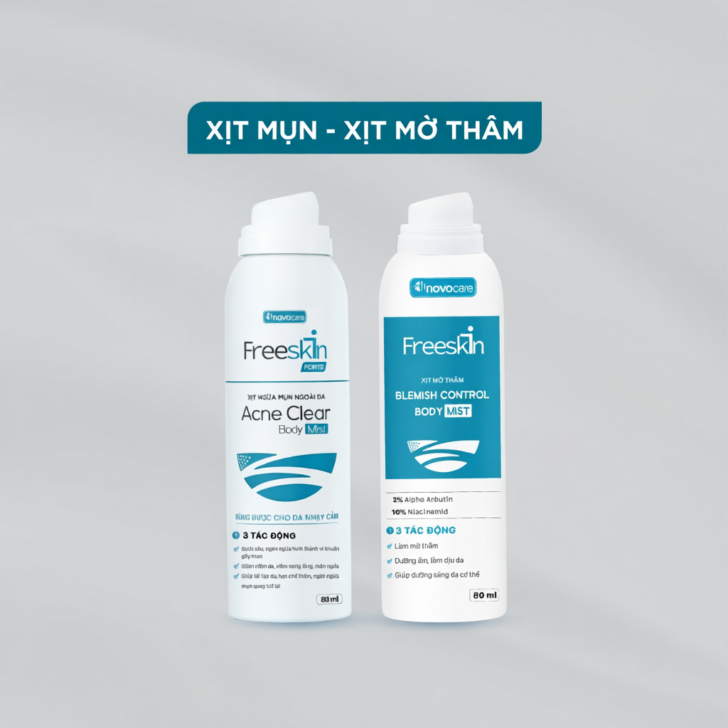 Combo Xịt mụn lưng, viêm nang lông & Xịt mờ thâm mụn lưng Novocare - Freeskin hỗ trợ giảm mụn, giảm 
