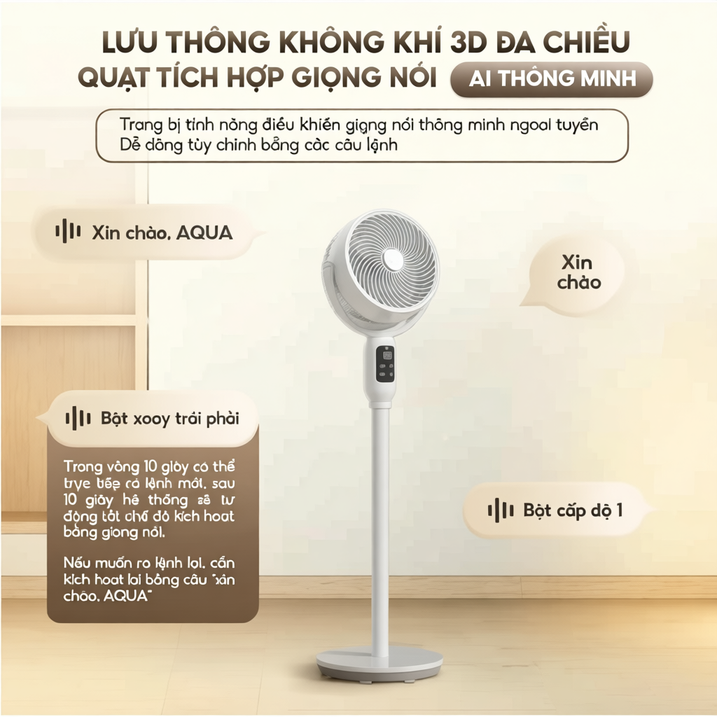 Quạt đứng Aqua ED1823T điều khiển giọng nói AI, hỗ trợ tinh dầu, lưu thông không khí hiệu quả