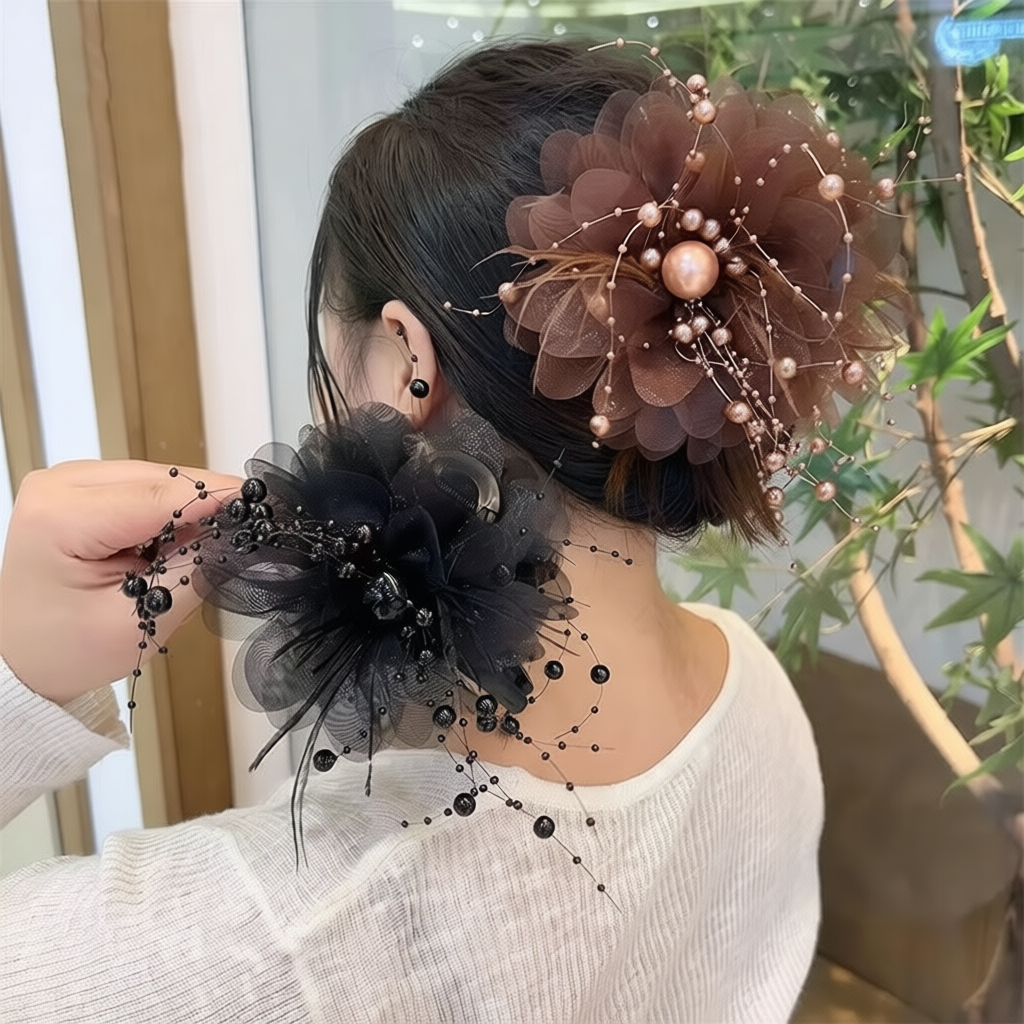 Kẹp tóc nơ tiểu thư bản to đính kèm hạt phong cách Hàn Quốc lassy