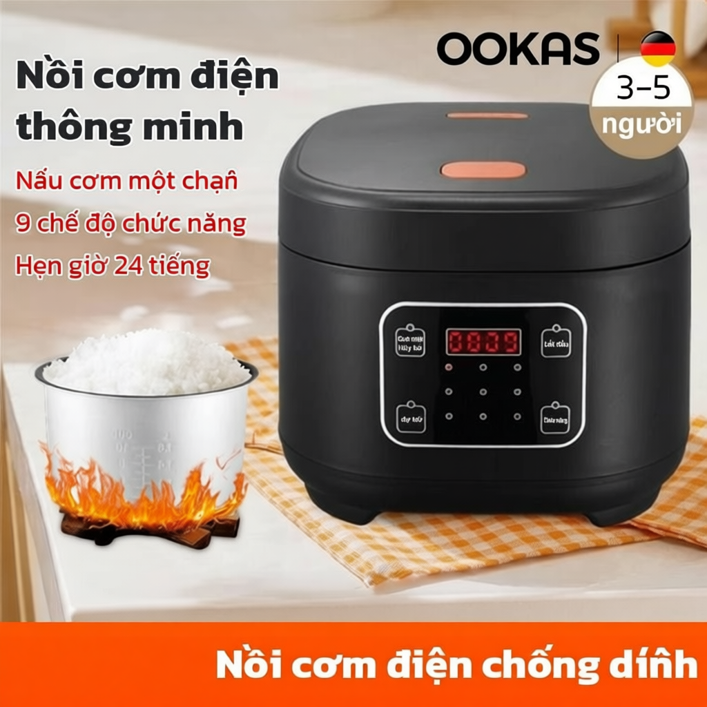 OOKAS Nồi cơm điện đa năng gia dụng 5L dung tích lớn 220V Tích Chảo Chống Dính