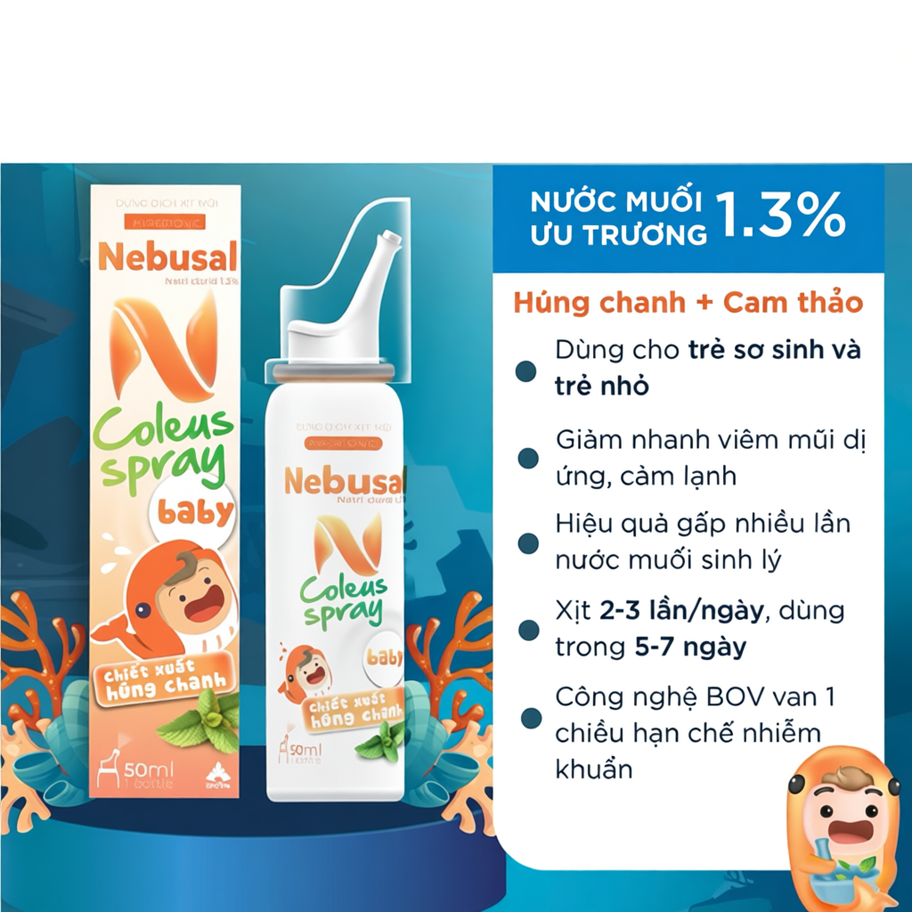 Xịt Mũi Ưu Trương Cho Bé NEBUSAL Coleus Húng Chanh Giảm Nghẹt Mũi, Sổ Mũi, Cảm Lạnh Chai 50ml