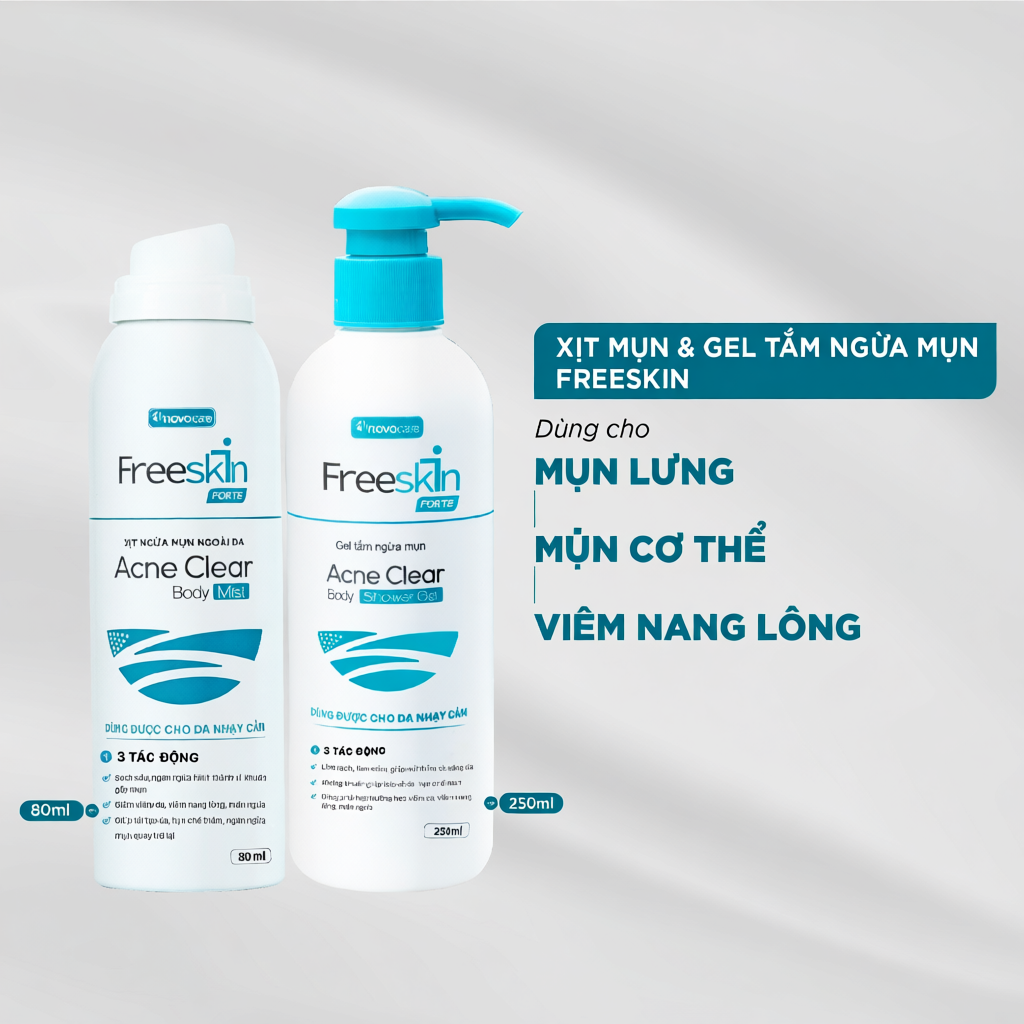 Combo Xịt mụn Acne Clear Body Mist 80ml & Gel tắm Acne Clear Body Shower Gel 250ml Novocare - Freesk