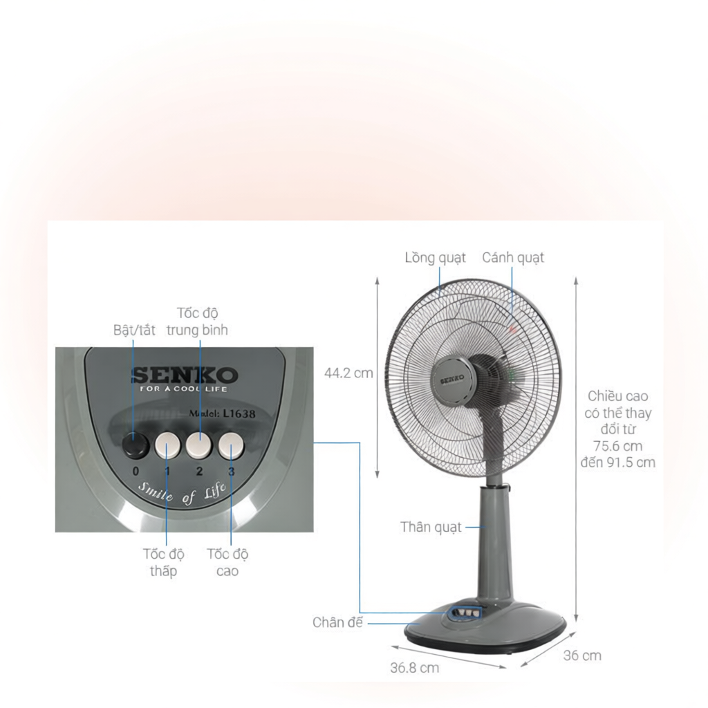 Quạt Lửng Ống Nhựa Senko L1638 - Công suất 47W - Màu tuỳ chọn - Hàng Chính Hãng