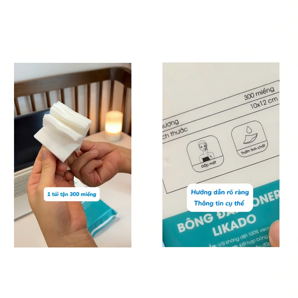 Bông đắp toner lotion mask kéo dãn Likado túi 300 miếng cotton mềm (1 túi)