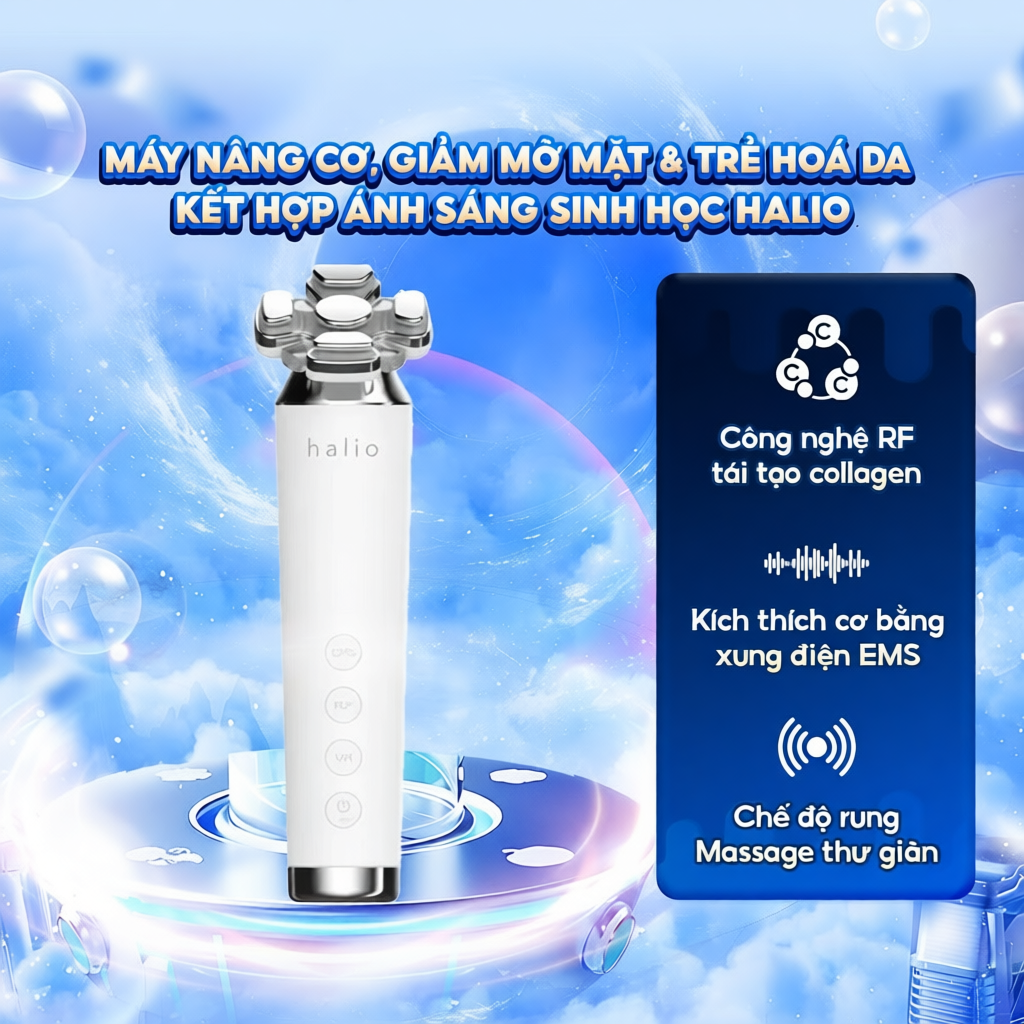 Máy Nâng Cơ, Giảm Mỡ Mặt & Trẻ Hoá Da kết hợp Ánh Sáng Sinh Học Halio RevitaWave Skin Rejuvenator