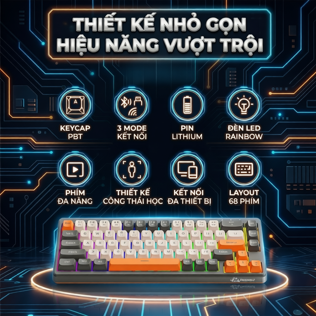 Bộ Bàn Phím Và Chuột Bluetooth FreeWolf M68 LED Pro Gõ Siêu Êm Pin Sạc Keycap PBT Cho Pc Lap