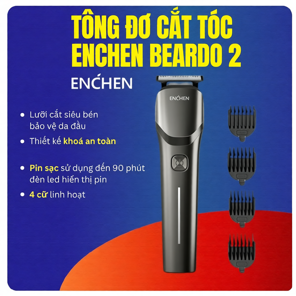 Tông đơ cắt tóc Enchen Beardo 2 không dây, lưỡi thép không gỉ, tốc độ cao