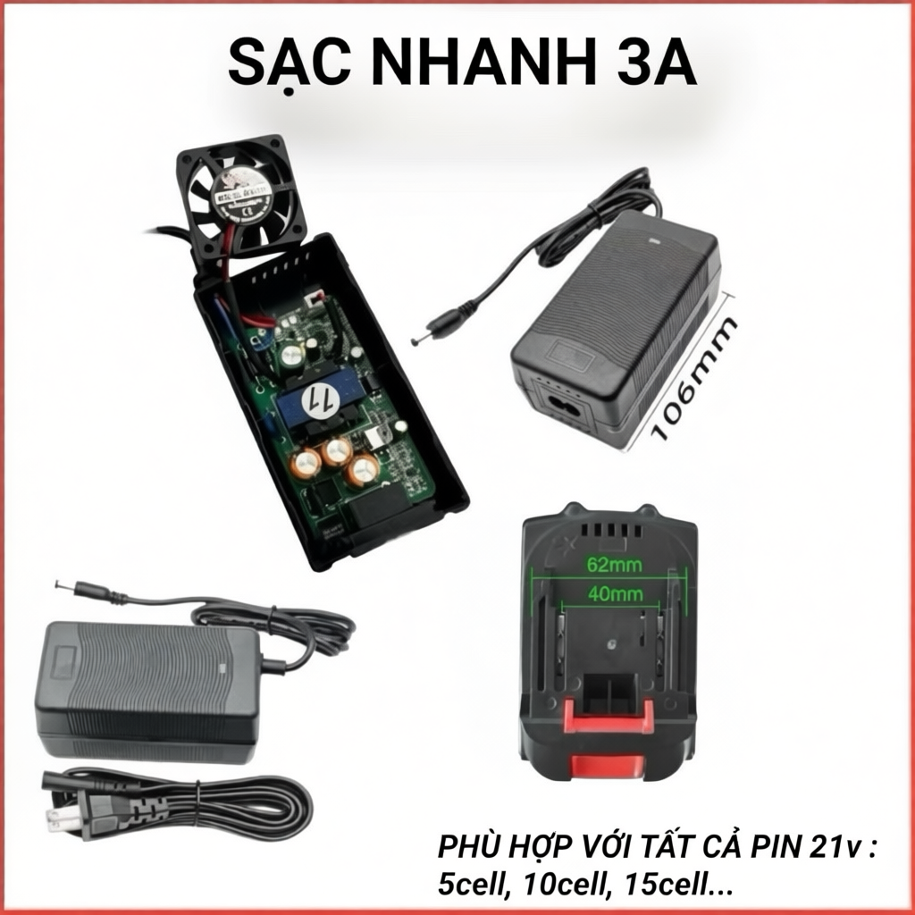 Sạc nhanh 5s 21V-3A Có quạt Tản nhiệt làm mát chân DC2.5 thông dụng