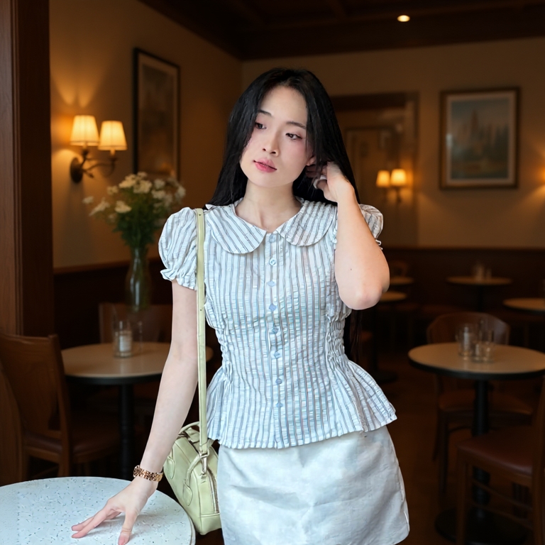 Áo sơ mi nữ cổ sen nhún eo gọn dáng vải sọc xinh xắn trẻ trung LAMO - B1546