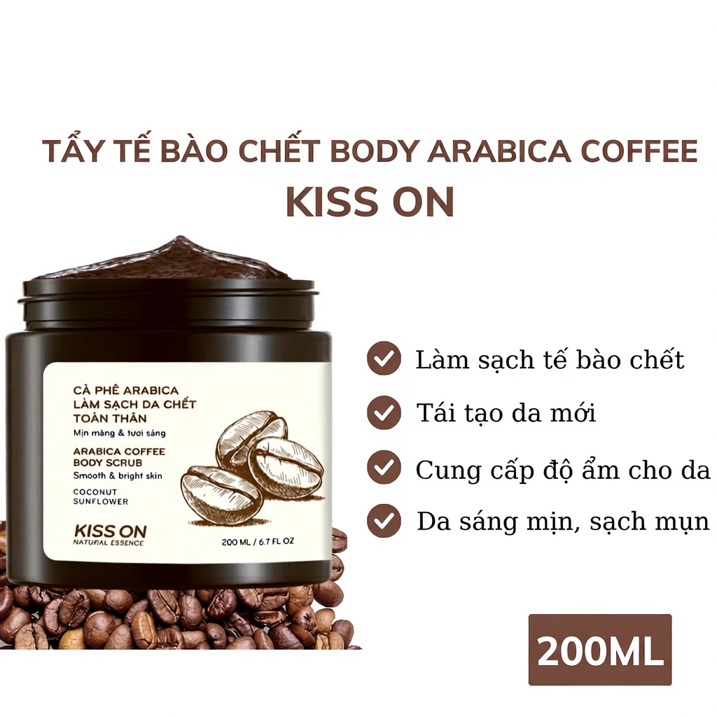 Tẩy tế bào chết body KISS ON chiết xuất cà phê làm sạch tế bào chết giúp da mịn màng tươi sáng 200ML