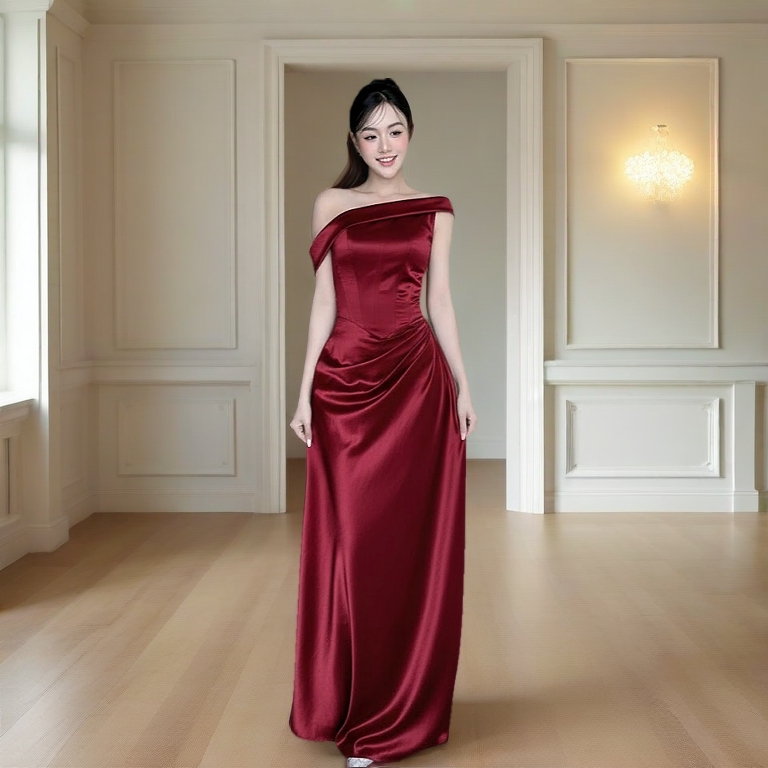 ( Không Dây Vai ) Đầm Dự Tiệc Lụa Dáng Dài Cổ Lệch Hở Vai Sang Trọng Thanh Lịch – Tira Dress