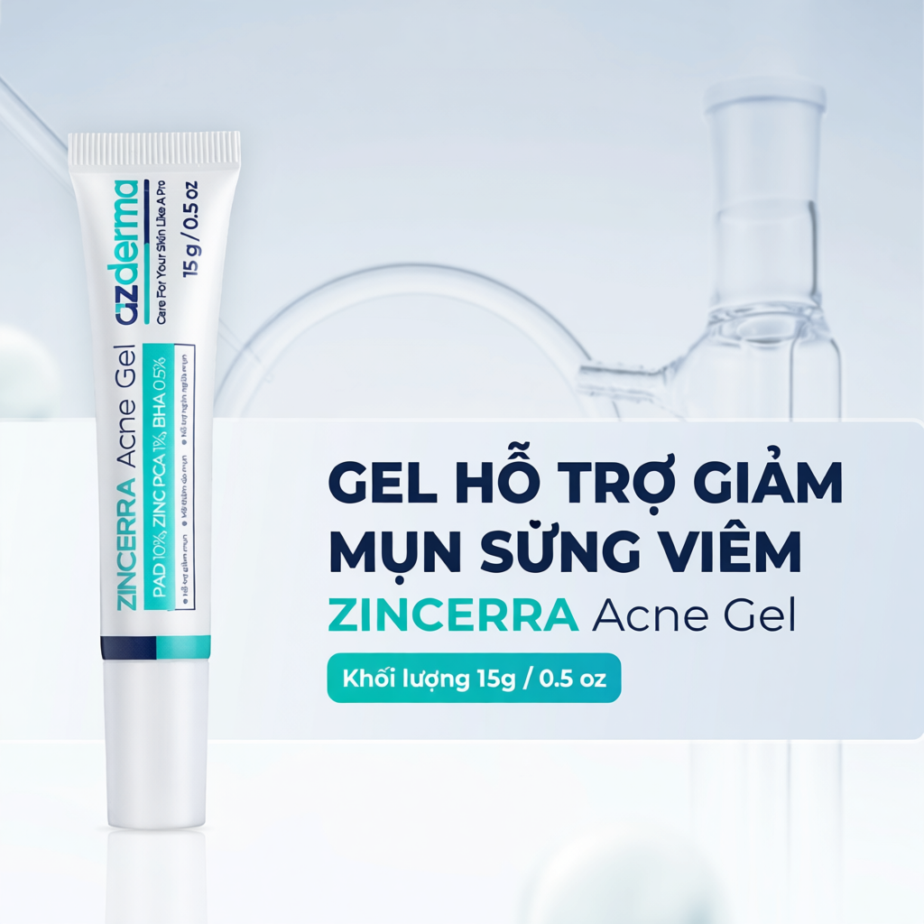 Gel hỗ trợ giảm mụn sưng viêm Azderma Zincerra Acne Gel 15g