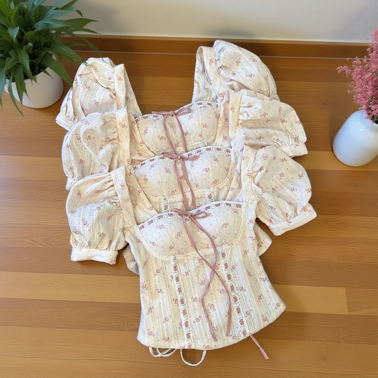 ÁO CORSET NƠ HỒNG TAY BỒNG - Hàng 2 lớp, có sẵn mút ngực, có size SML ( A112 )