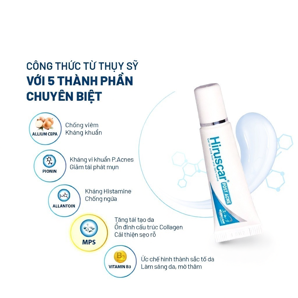 Gel làm mờ sẹo mụn và thâm mụn Hiruscar Post Acne 5g