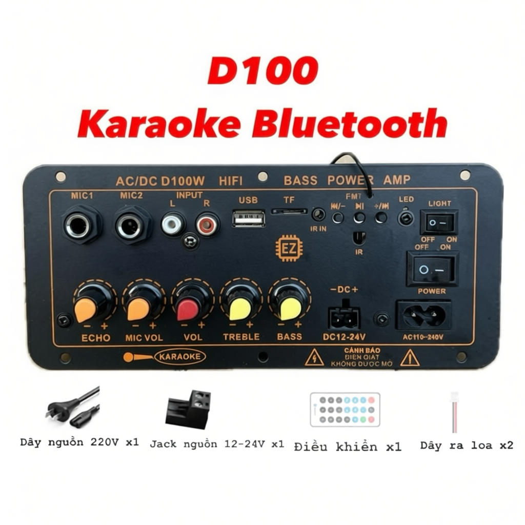 Mạch loa D100 hát Karaoke Bluetooth 5.0 - 300W, có cổng cắm mạch mic không dây, 12V/24V/220V (Tặng k