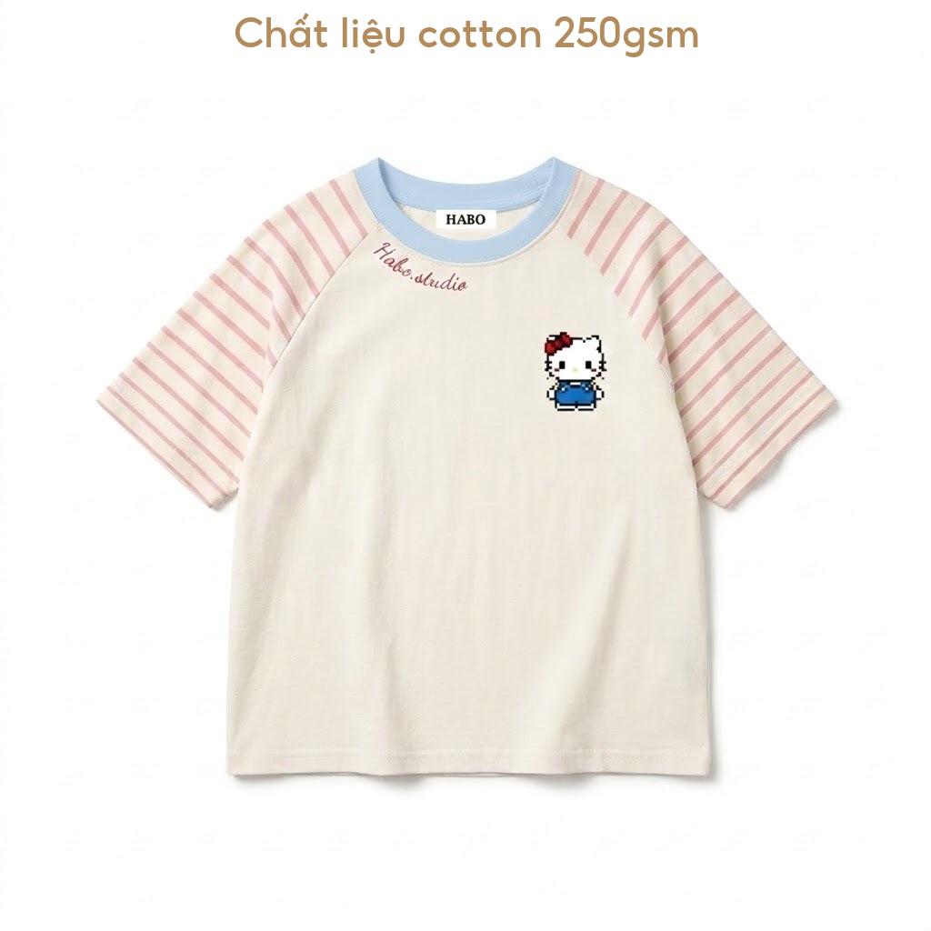 Áo Thun Ngắn Tay Raglan Phối Kẻ Borip Sọc Ngang x Cotton 250gsm  Hello Kitty Form Boxy Unisex Nam Nữ HA.BO STORE18