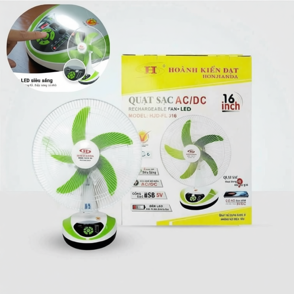 Quạt sạc tích điện Honjianda FL-316 - 16inch 12V 5Ah ( 6V 5Ah x 2) - tích hợp đèn LED & cổng USB - H