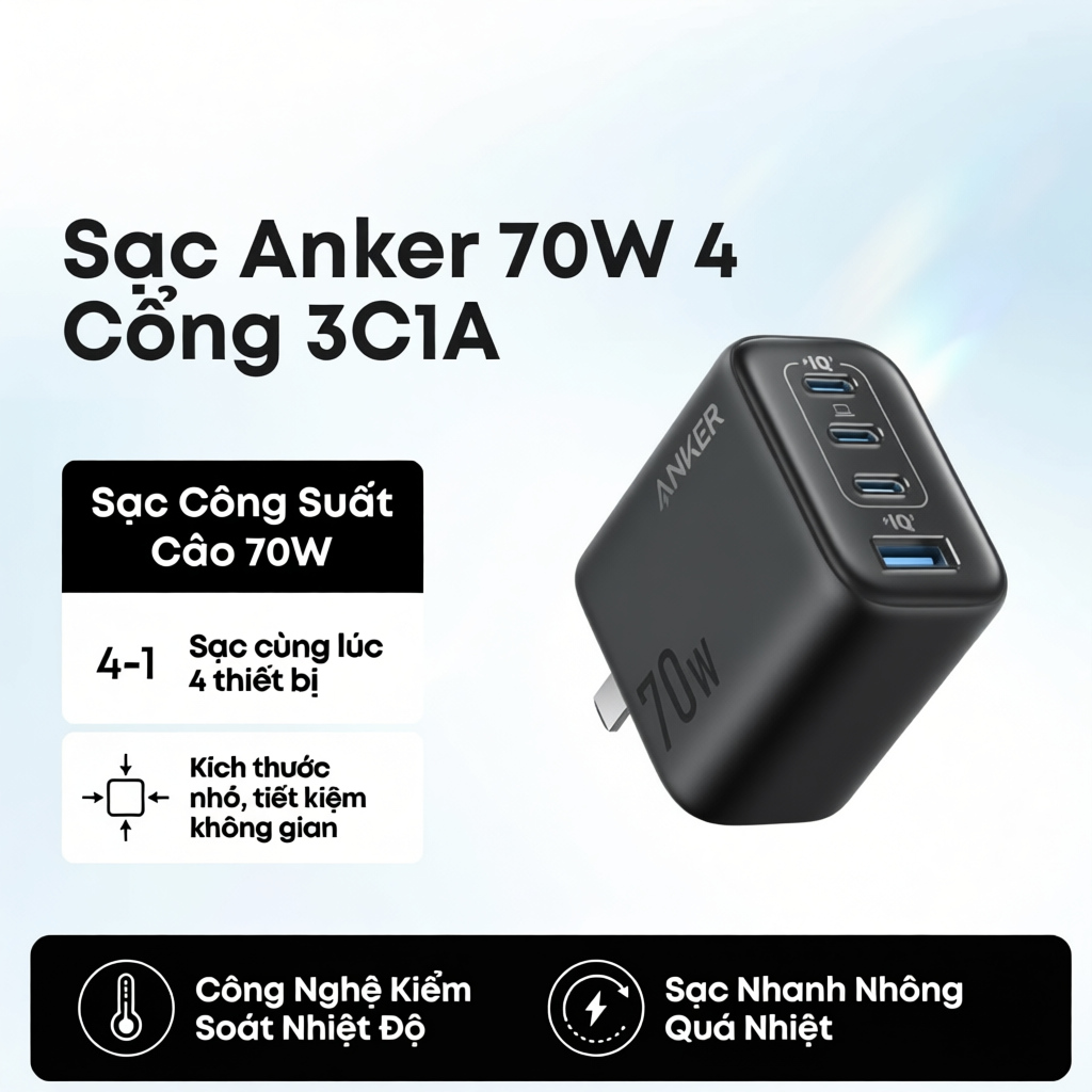 Sạc 4 Cổng Anker Zolo 70W - A121C, Anker Zolo Charger (70W, 4-PORT, PD 3.0)