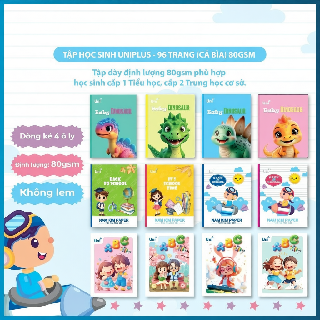 [COMBO 10 QUYỂN TẬP 96 TRANG 4 Ô LY DÀY 80GSM] ABC - Khủng Long- Back to school, giấy 80gsm,nhiều hì