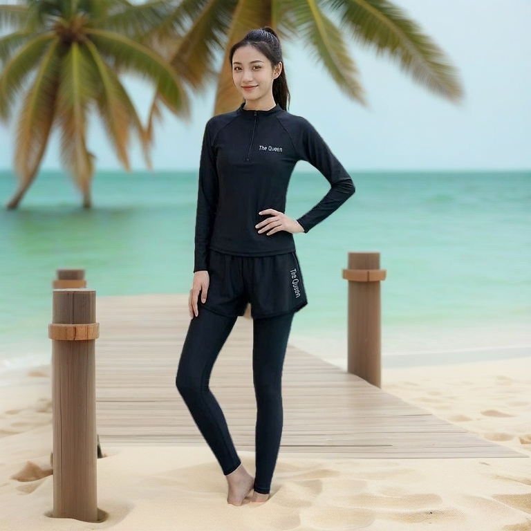 Đồ bơi nữ - Đồ tắm biển quần dài 2 lớp áo tay dài khóa kéo che nắng kín đáo màu đen Bikini Ninja vải co giãn 4 chiều 091