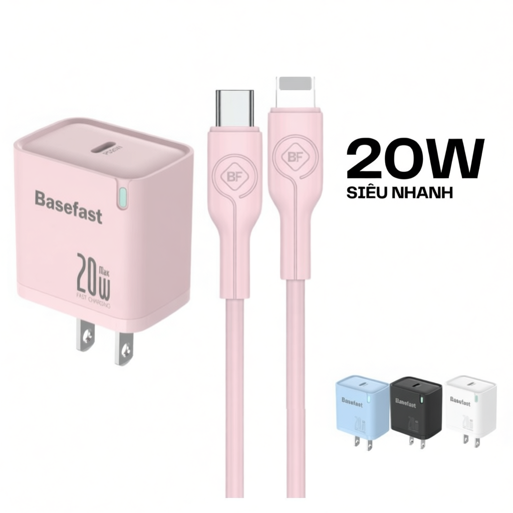 Bộ sạc nhanh 20W Basefast cho nhiều dòng iPhone Củ sạc PD20W dây silicon chống quá tải nhiệt