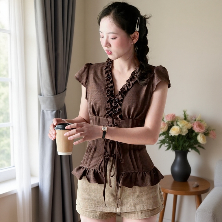 Áo kiểu cổ V bèo dây buộc nơ chiết eo Miho House