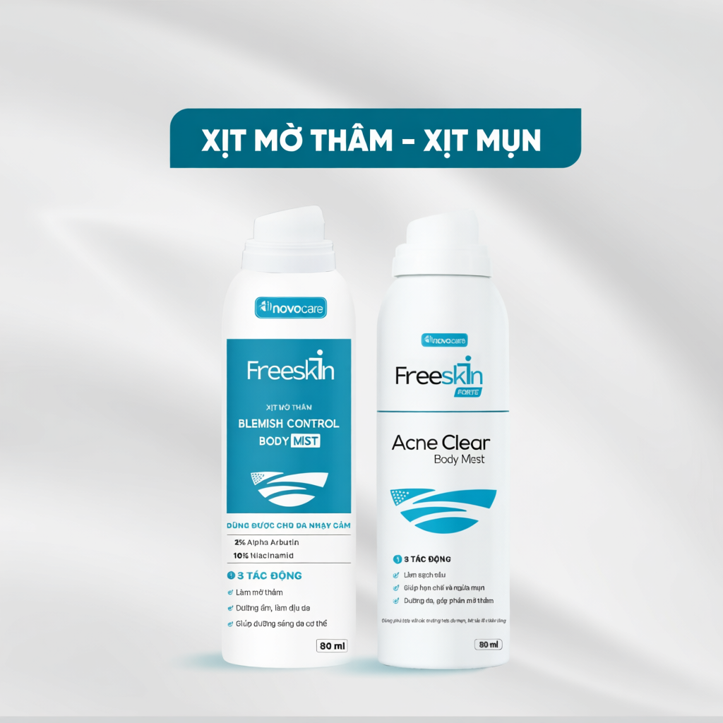 Combo Xịt mụn lưng, viêm nang lông & Xịt mờ thâm mụn lưng Novocare - Freeskin hỗ trợ giảm mụn, giảm 
